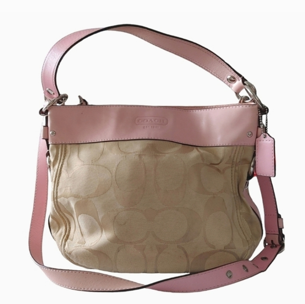 COACH 🩷 Pink Beige Jacquard Leather Shoulder Crossbody Bag ~ GUC